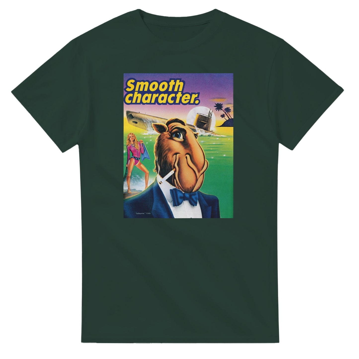 Vintage-style Joe Camel 'Smooth Character Submarine' T-Shirt featuring retro 90s cigarette mascot graphic. Classic throwback design on a soft cotton tee, perfect for nostalgia lovers.