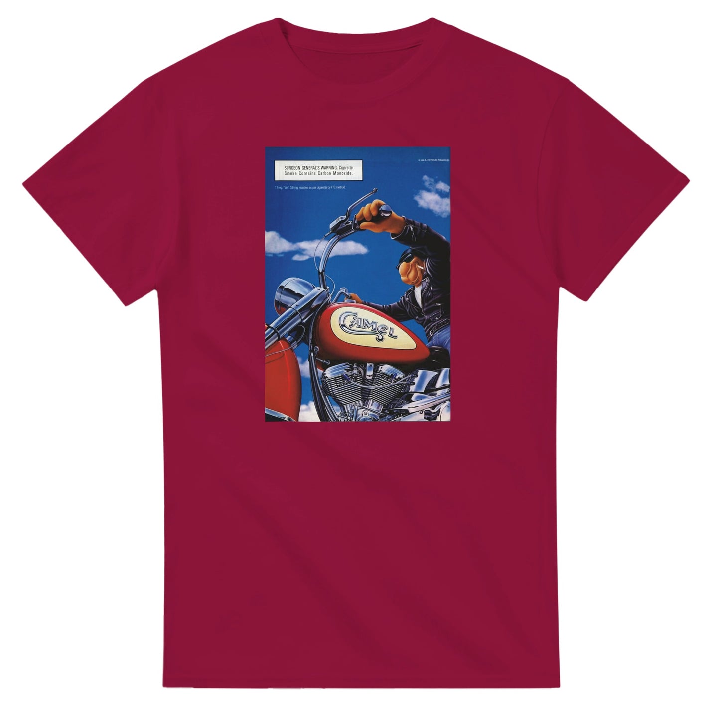 Vintage-style Joe Camel 'Motorcycle' T-Shirt featuring retro 90s cigarette mascot graphic. Classic throwback design on a soft cotton tee, perfect for nostalgia lovers.