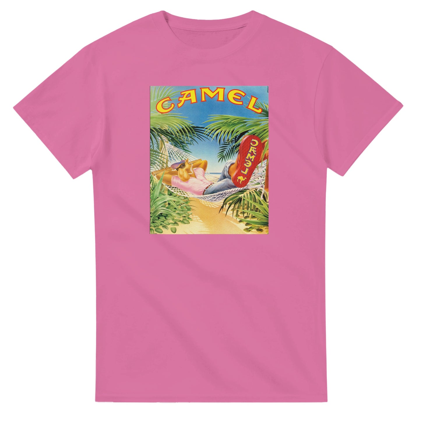 Vintage-style Joe Camel 'Relaxing in Paradise' T-Shirt featuring retro 90s cigarette mascot graphic. Classic throwback design on a soft cotton tee, perfect for nostalgia lovers.