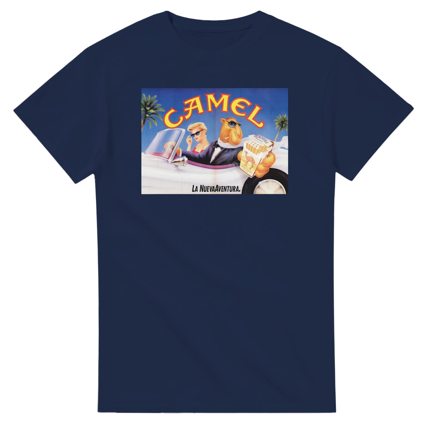 Vintage-style Joe Camel - 'La Nueva Aventura' T-shirt featuring retro 90s cigarette mascot graphic. Classic throwback design on a soft cotton tee, perfect for nostalgia lovers.