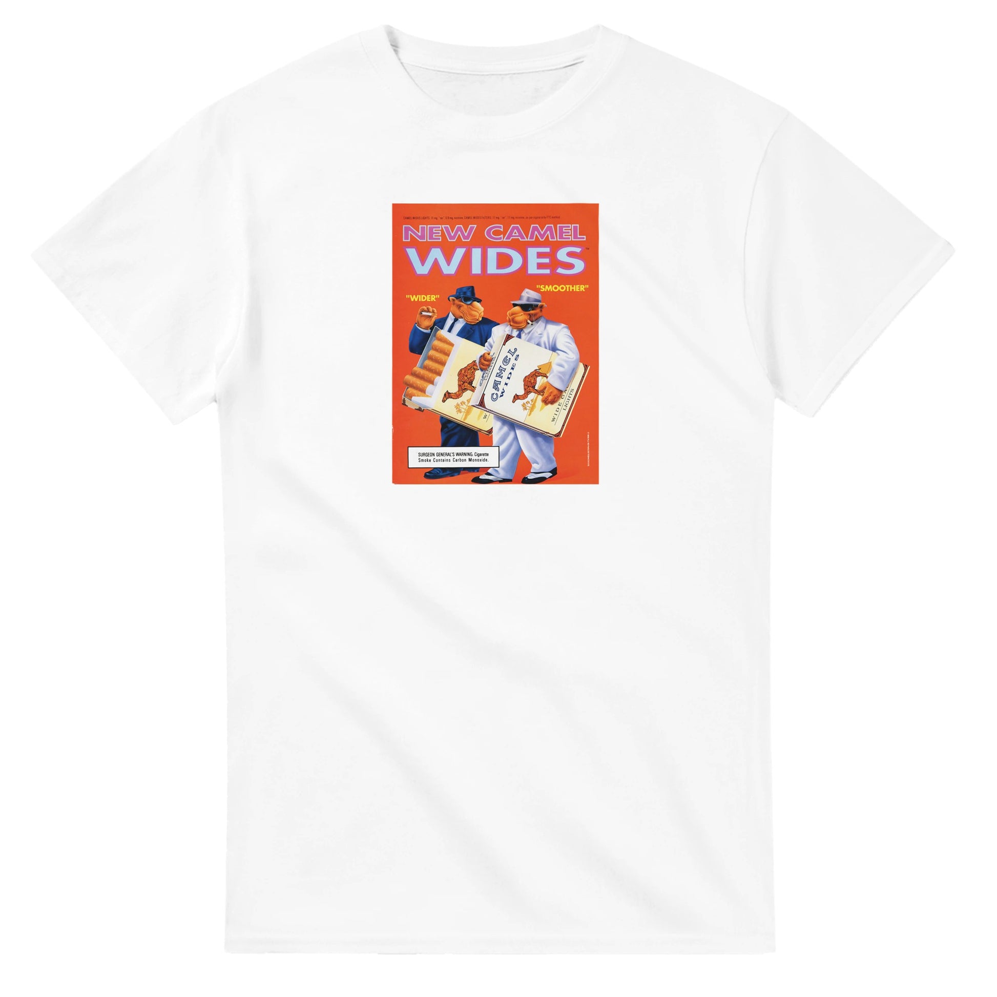 Vintage-style Joe Camel 'New Camel Wides' T-Shirt featuring retro 90s cigarette mascot graphic. Classic throwback design on a soft cotton tee, perfect for nostalgia lovers.