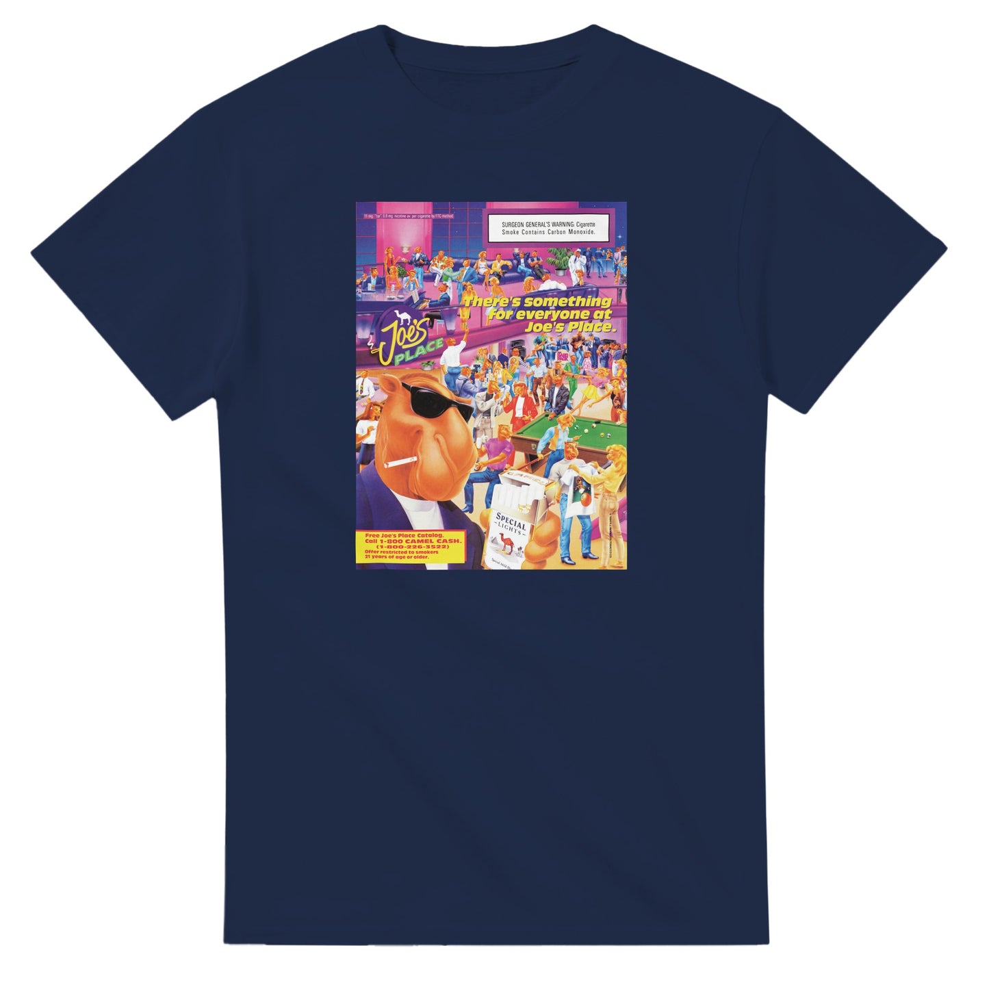 Vintage-style Joe Camel 'Joe's Place' T-Shirt featuring retro 90s cigarette mascot graphic. Classic throwback design on a soft cotton tee, perfect for nostalgia lovers.