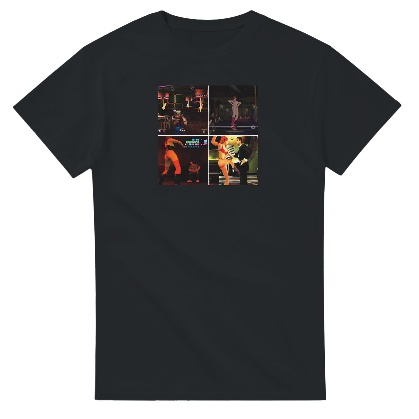 Retro Style Video Game Strip Club T-Shirt gaming t-shirt featuring classic arcade-inspired design. Perfect for vintage gamers and nostalgia lovers, printed on a soft, high-quality cotton tee.