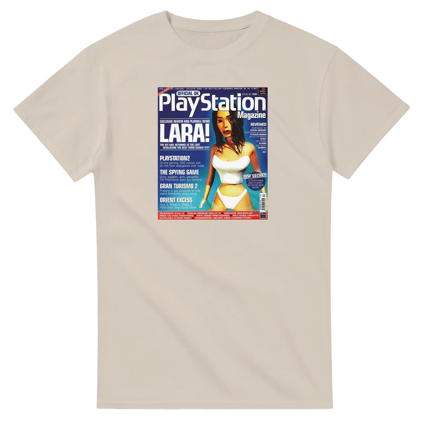 Retro Style Lara Croft Tomb Raider 'Swimsuit' PS Magazine T-Shirt gaming t-shirt featuring classic arcade-inspired design. Perfect for vintage gamers and nostalgia lovers, printed on a soft, high-quality cotton tee.