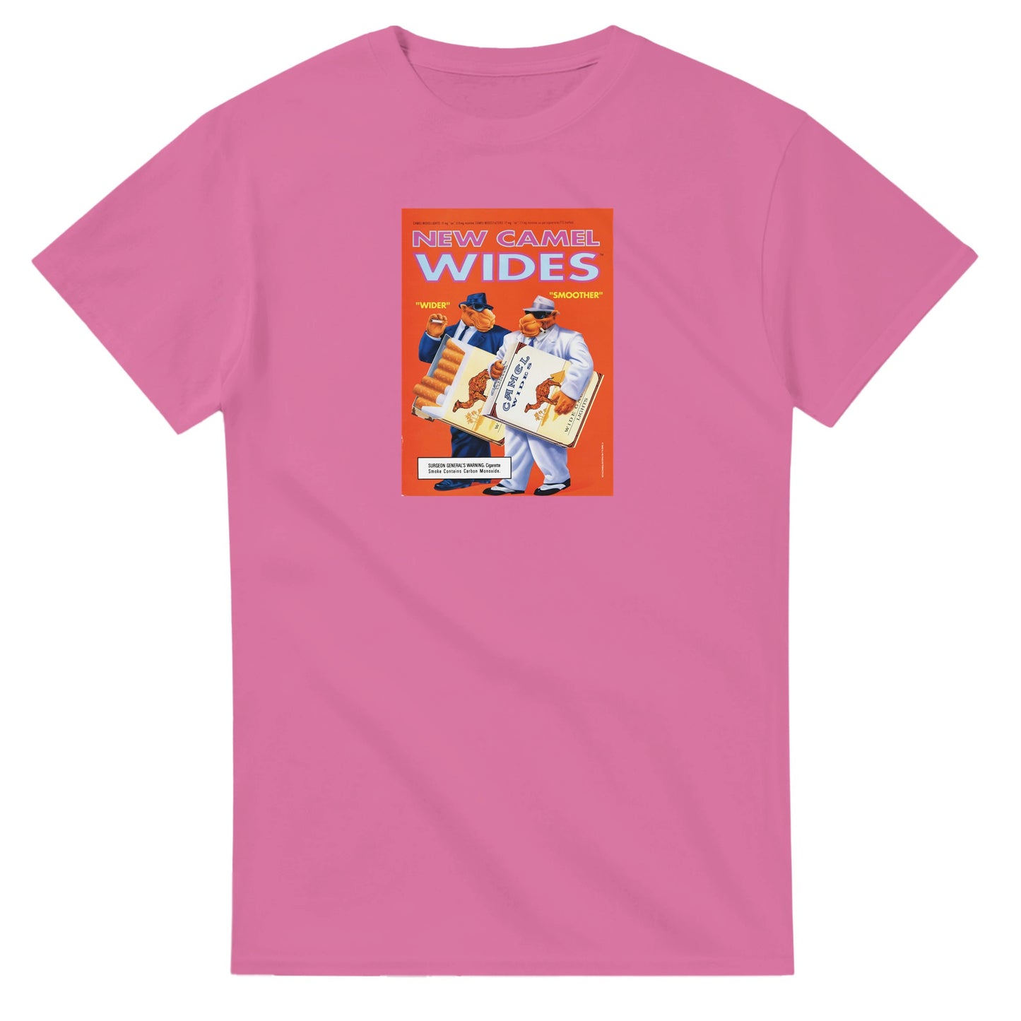 Vintage-style Joe Camel 'New Camel Wides' T-Shirt featuring retro 90s cigarette mascot graphic. Classic throwback design on a soft cotton tee, perfect for nostalgia lovers.