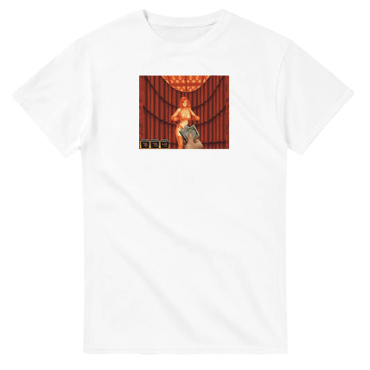 Retro Style Duke Nukem 'Tip the stripper' T-Shirt gaming t-shirt featuring classic arcade-inspired design. Perfect for vintage gamers and nostalgia lovers, printed on a soft, high-quality cotton tee.