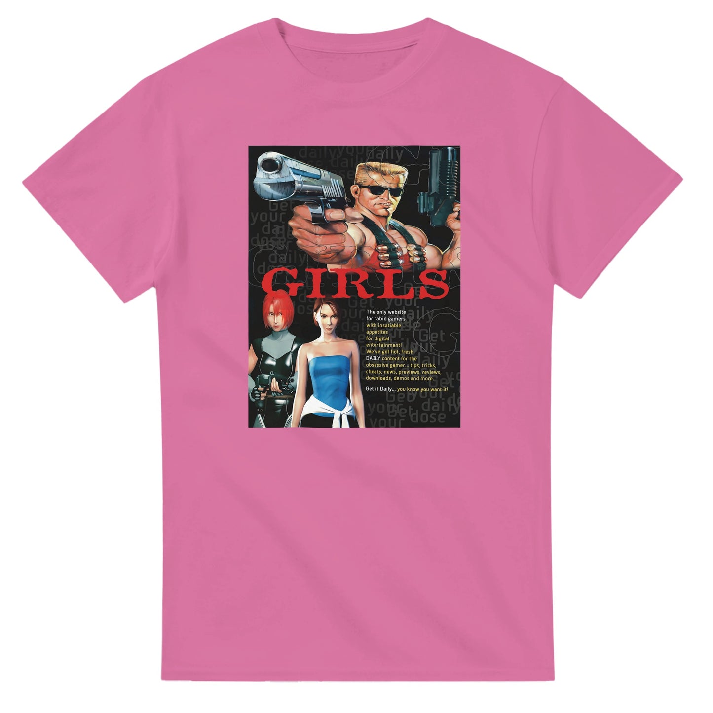 Retro Style Duke Nukem - 'Girls' Vintage Gaming Advertising T-shirt gaming t-shirt featuring classic arcade-inspired design. Perfect for vintage gamers and nostalgia lovers, printed on a soft, high-quality cotton tee.