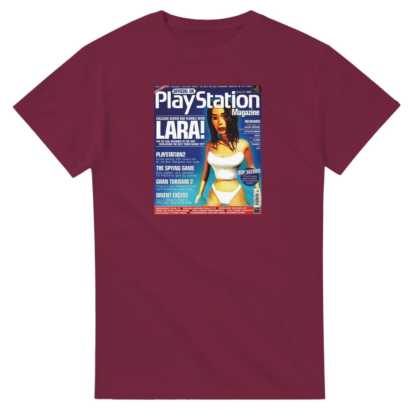 Retro Style Lara Croft Tomb Raider 'Swimsuit' PS Magazine T-Shirt gaming t-shirt featuring classic arcade-inspired design. Perfect for vintage gamers and nostalgia lovers, printed on a soft, high-quality cotton tee.