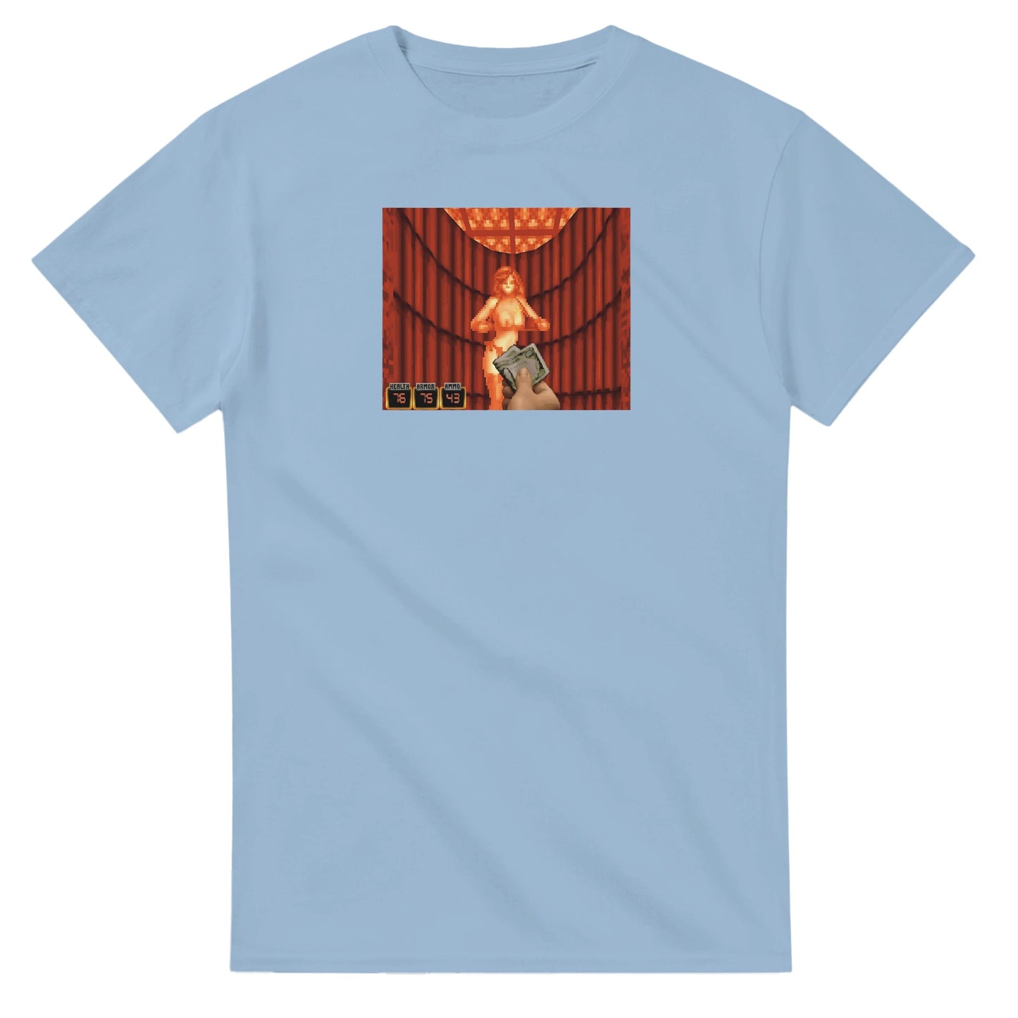 Retro Style Duke Nukem 'Tip the stripper' T-Shirt gaming t-shirt featuring classic arcade-inspired design. Perfect for vintage gamers and nostalgia lovers, printed on a soft, high-quality cotton tee.