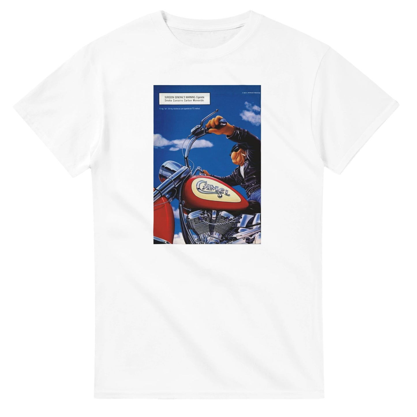 Vintage-style Joe Camel 'Motorcycle' T-Shirt featuring retro 90s cigarette mascot graphic. Classic throwback design on a soft cotton tee, perfect for nostalgia lovers.