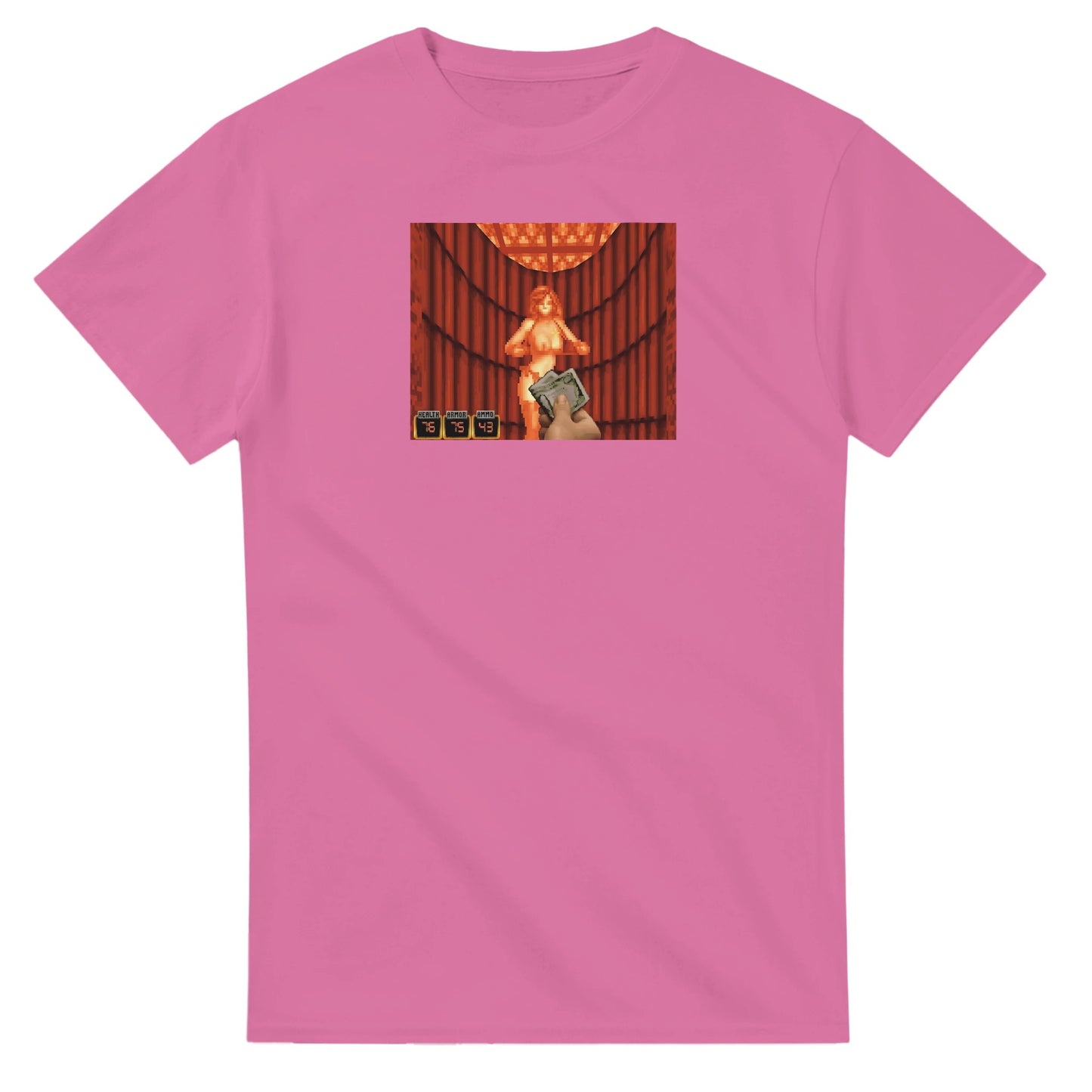 Retro Style Duke Nukem 'Tip the stripper' T-Shirt gaming t-shirt featuring classic arcade-inspired design. Perfect for vintage gamers and nostalgia lovers, printed on a soft, high-quality cotton tee.