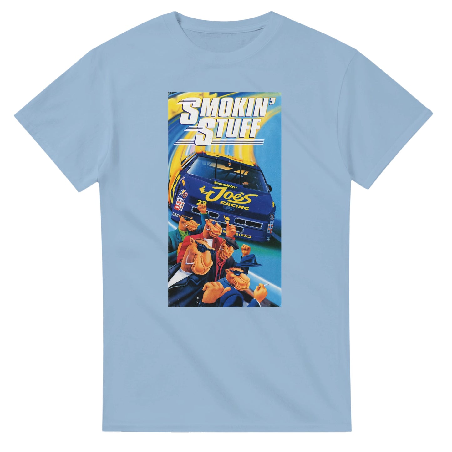 Vintage-style Joe Camel 'Smokin' Stuff' Racing T-Shirt featuring retro 90s cigarette mascot graphic. Classic throwback design on a soft cotton tee, perfect for nostalgia lovers.