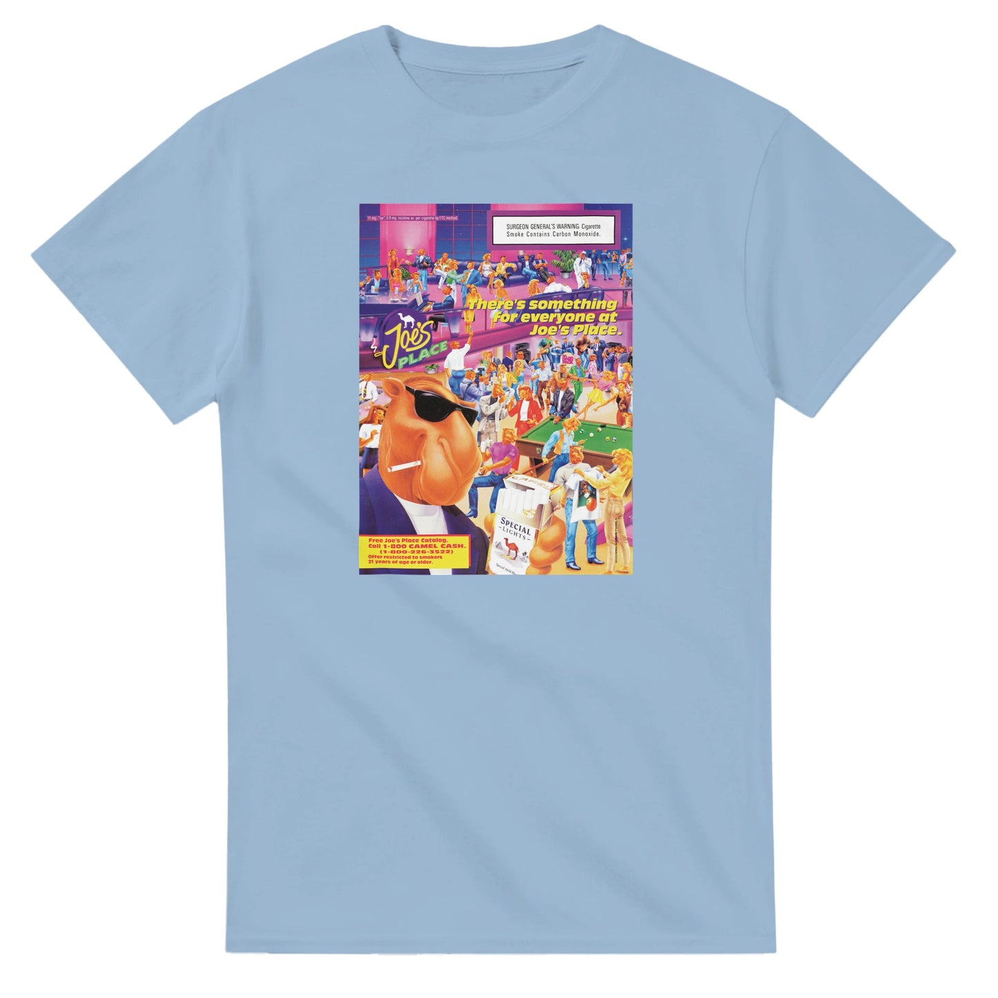 Vintage-style Joe Camel 'Joe's Place' T-Shirt featuring retro 90s cigarette mascot graphic. Classic throwback design on a soft cotton tee, perfect for nostalgia lovers.