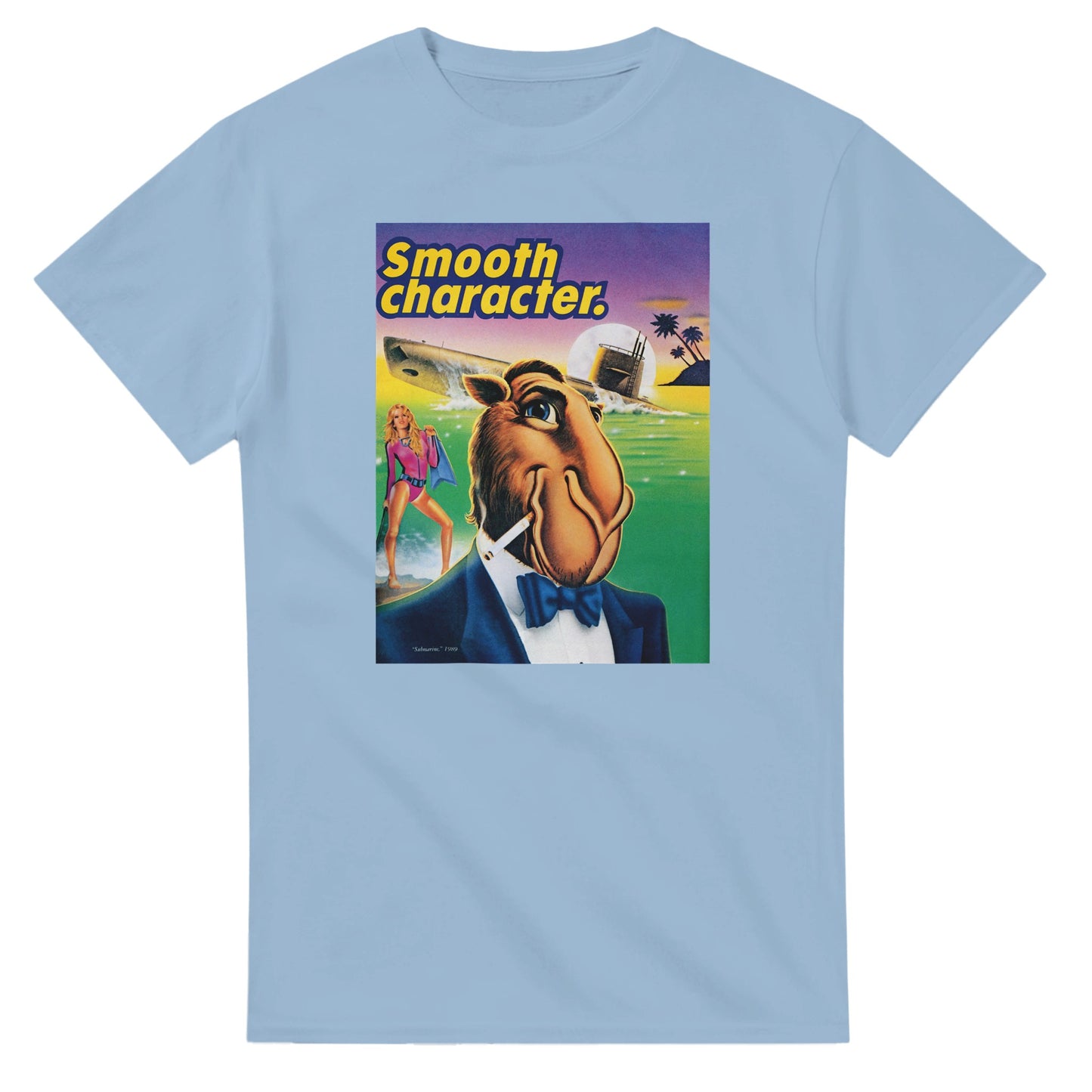 Vintage-style Joe Camel 'Smooth Character Submarine' T-Shirt featuring retro 90s cigarette mascot graphic. Classic throwback design on a soft cotton tee, perfect for nostalgia lovers.