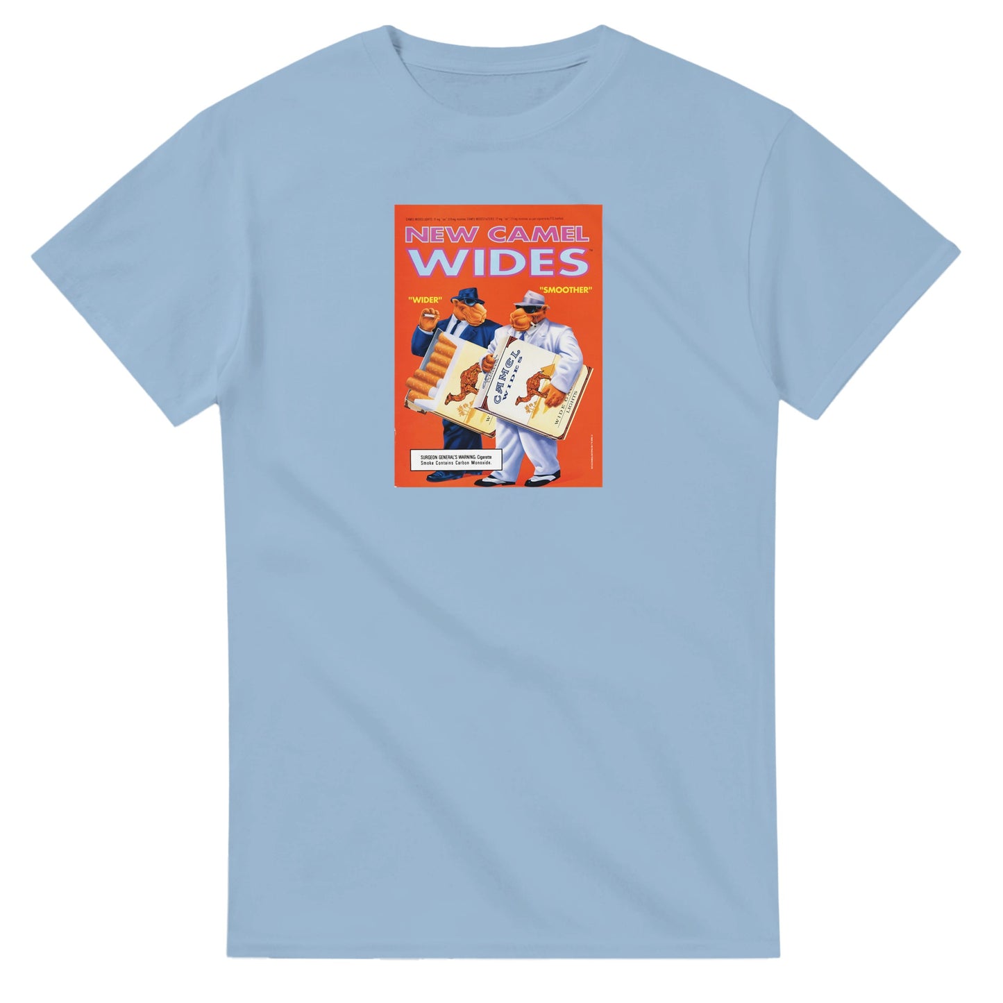 Vintage-style Joe Camel 'New Camel Wides' T-Shirt featuring retro 90s cigarette mascot graphic. Classic throwback design on a soft cotton tee, perfect for nostalgia lovers.