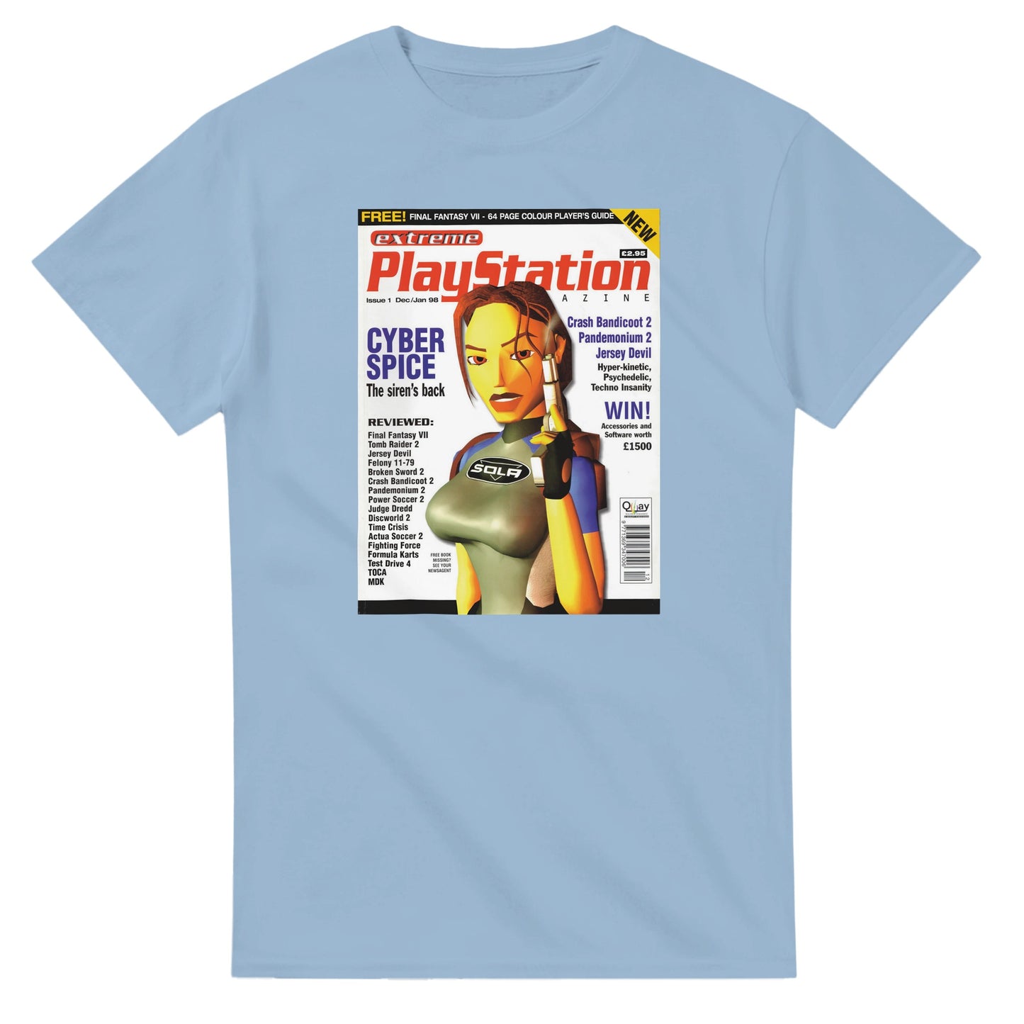 Retro Style Tomb Raider Lara Croft PS Magazine T-Shirt gaming t-shirt featuring classic arcade-inspired design. Perfect for vintage gamers and nostalgia lovers, printed on a soft, high-quality cotton tee.