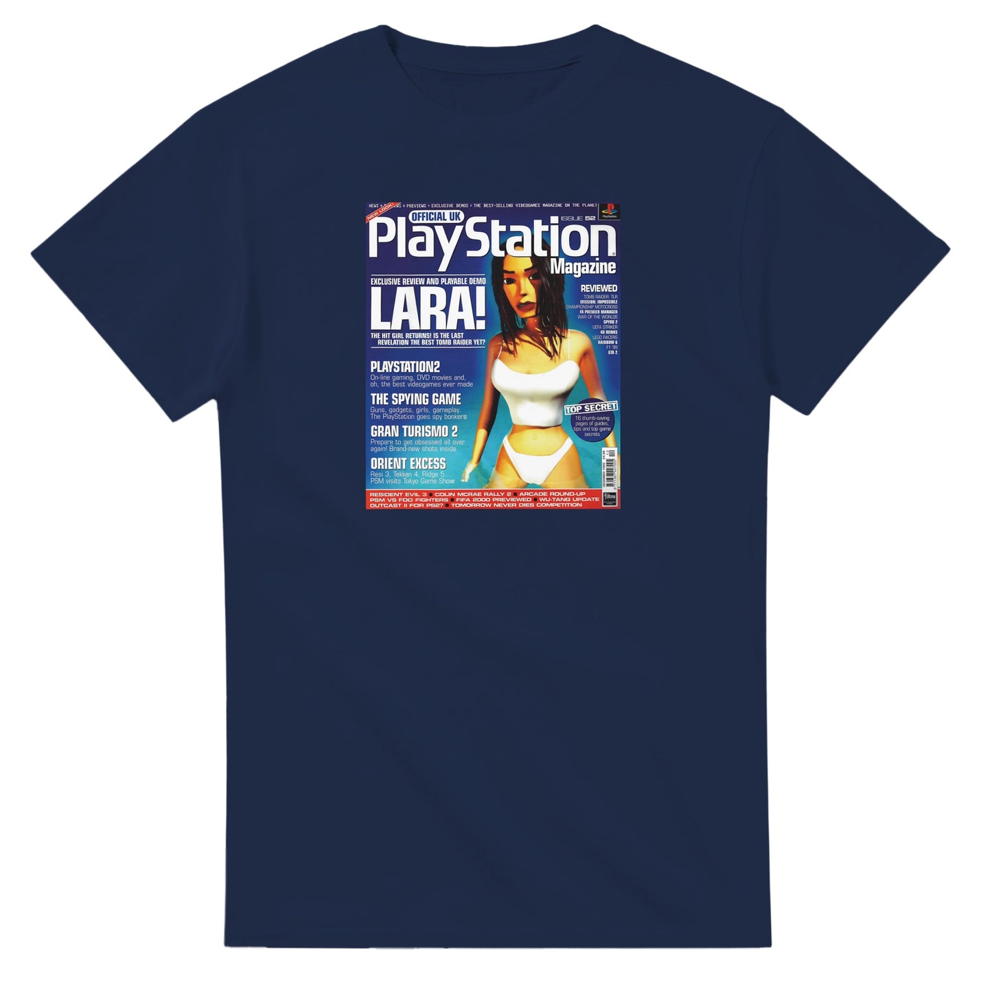 Retro Style Lara Croft Tomb Raider 'Swimsuit' PS Magazine T-Shirt gaming t-shirt featuring classic arcade-inspired design. Perfect for vintage gamers and nostalgia lovers, printed on a soft, high-quality cotton tee.