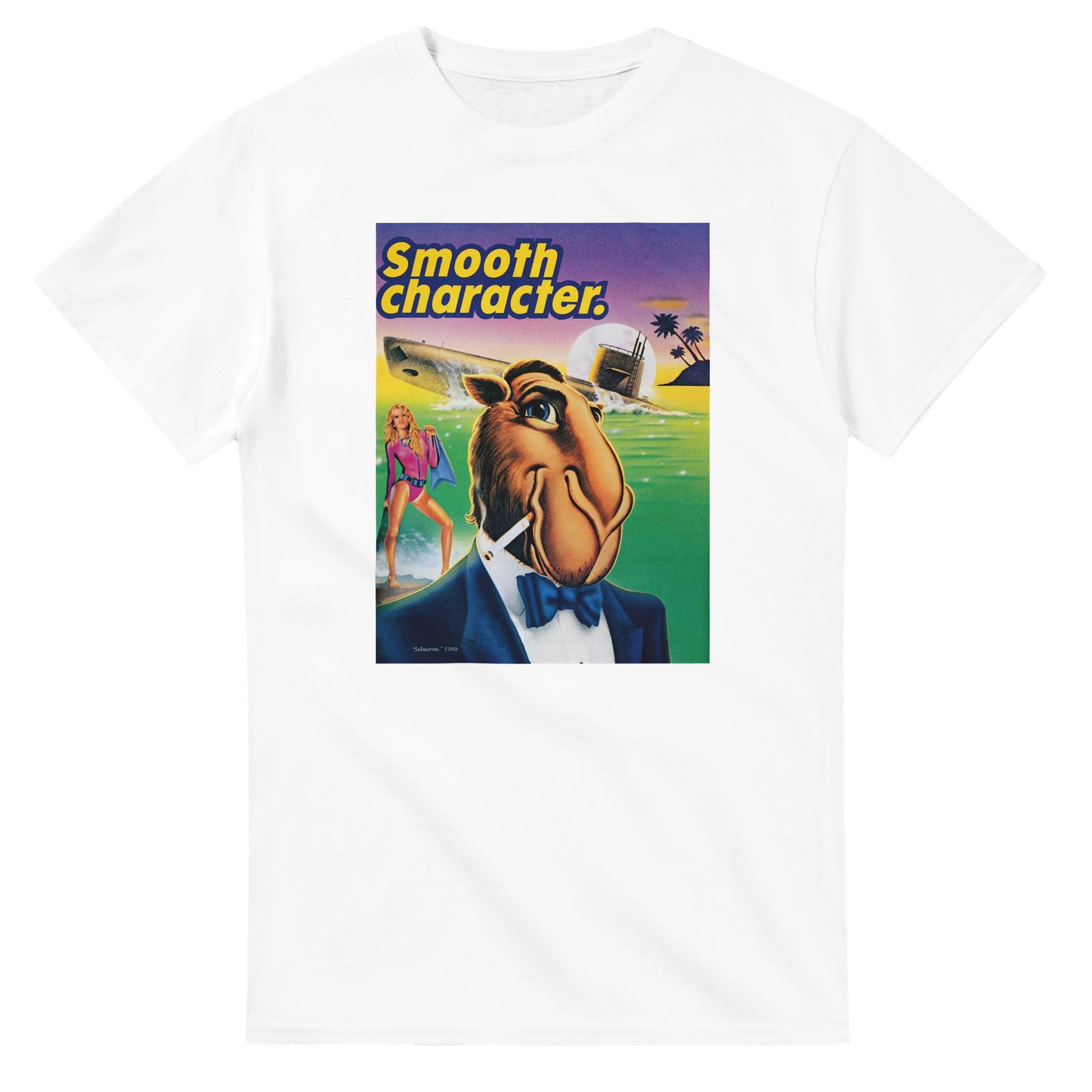 Vintage-style Joe Camel 'Smooth Character Submarine' T-Shirt featuring retro 90s cigarette mascot graphic. Classic throwback design on a soft cotton tee, perfect for nostalgia lovers.