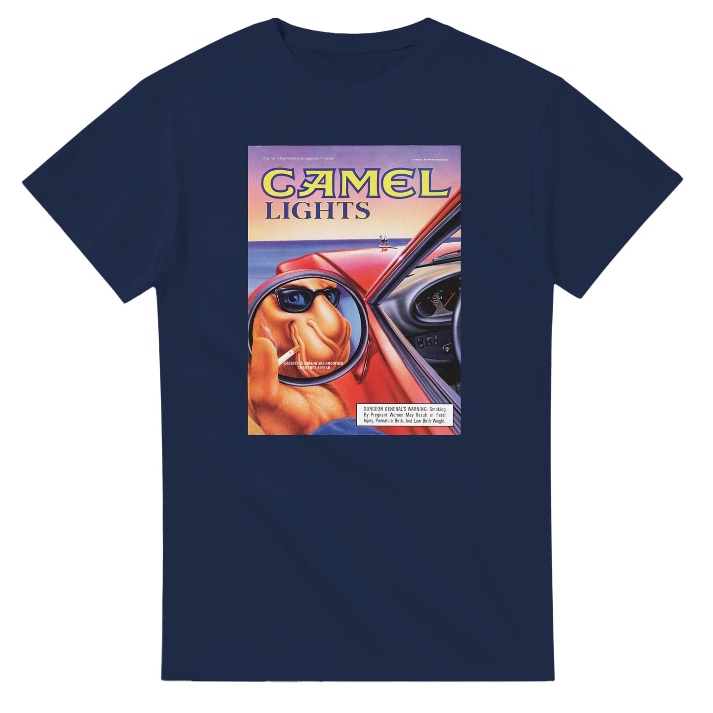 Vintage-style Joe Camel 'Objects in Mirror' T-Shirt featuring retro 90s cigarette mascot graphic. Classic throwback design on a soft cotton tee, perfect for nostalgia lovers.