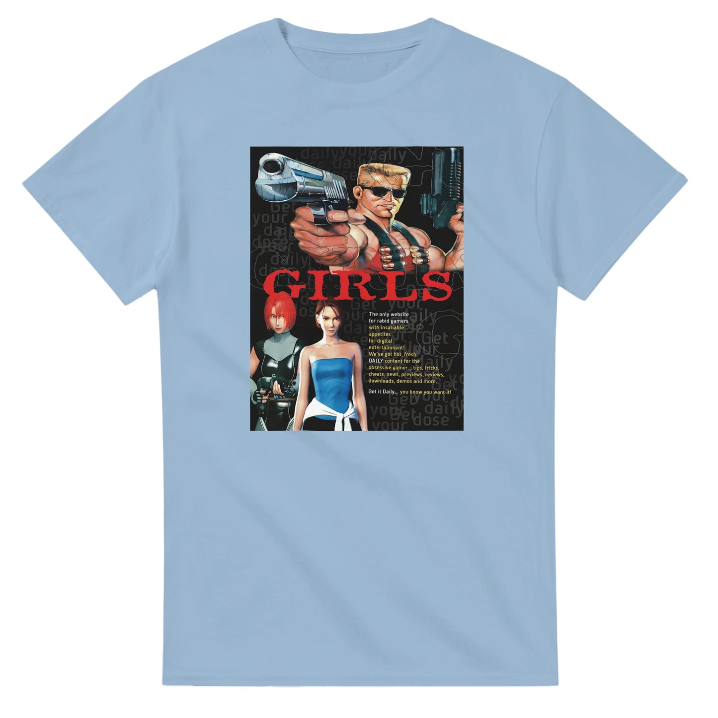 Retro Style Duke Nukem - 'Girls' Vintage Gaming Advertising T-shirt gaming t-shirt featuring classic arcade-inspired design. Perfect for vintage gamers and nostalgia lovers, printed on a soft, high-quality cotton tee.