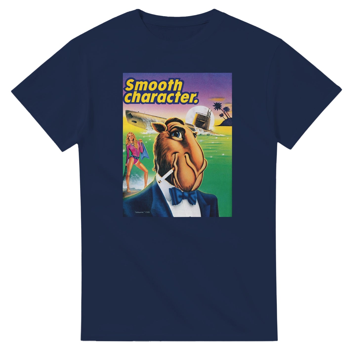 Vintage-style Joe Camel 'Smooth Character Submarine' T-Shirt featuring retro 90s cigarette mascot graphic. Classic throwback design on a soft cotton tee, perfect for nostalgia lovers.