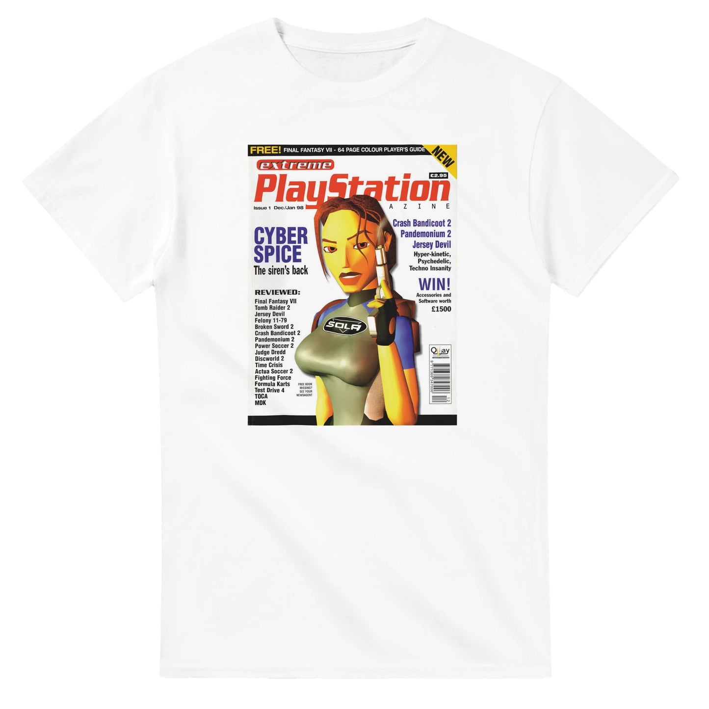 Retro Style Tomb Raider Lara Croft PS Magazine T-Shirt gaming t-shirt featuring classic arcade-inspired design. Perfect for vintage gamers and nostalgia lovers, printed on a soft, high-quality cotton tee.