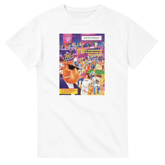 Vintage-style Joe Camel 'Joe's Place' T-Shirt featuring retro 90s cigarette mascot graphic. Classic throwback design on a soft cotton tee, perfect for nostalgia lovers.