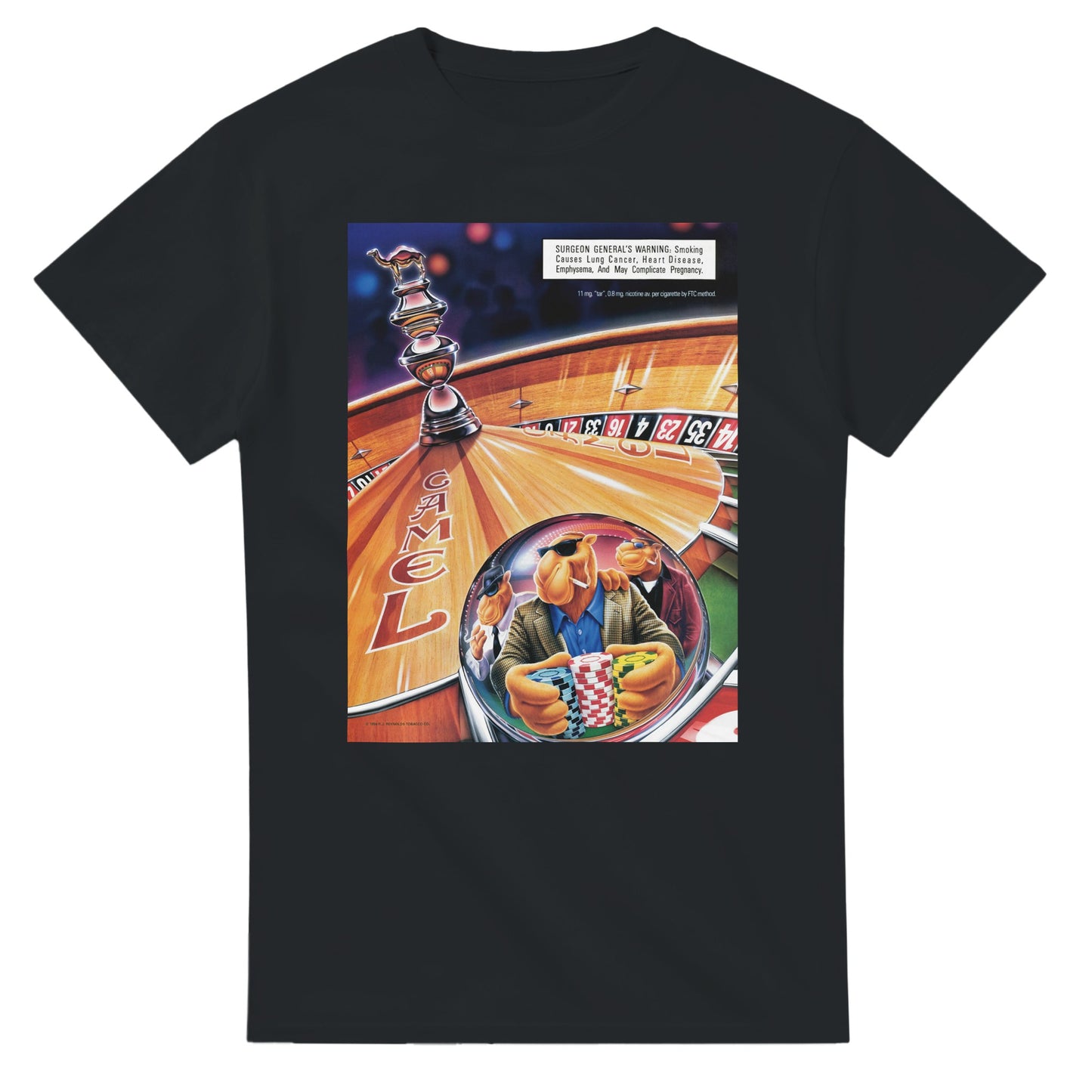 Vintage-style Joe Camel 'Casino Royale' T-Shirt featuring retro 90s cigarette mascot graphic. Classic throwback design on a soft cotton tee, perfect for nostalgia lovers.