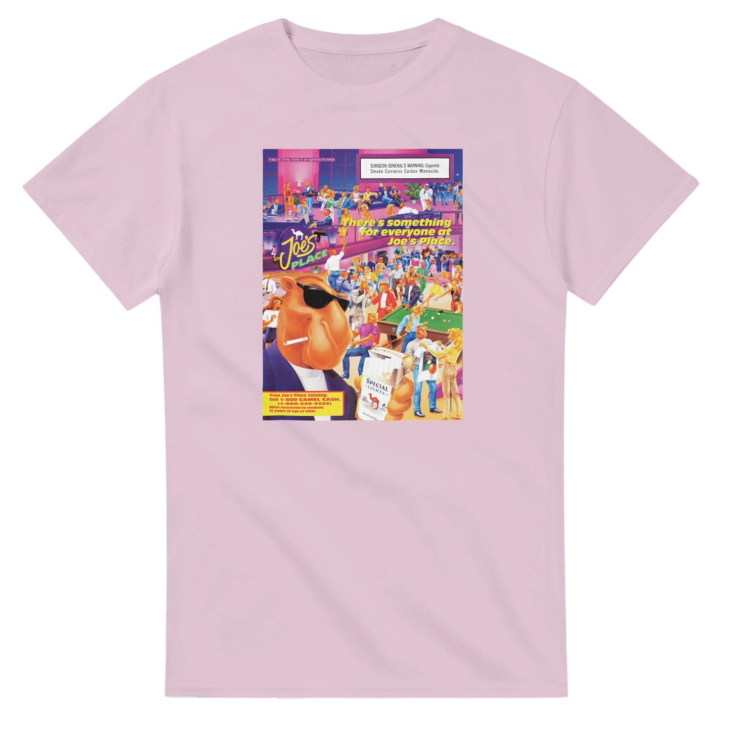 Vintage-style Joe Camel 'Joe's Place' T-Shirt featuring retro 90s cigarette mascot graphic. Classic throwback design on a soft cotton tee, perfect for nostalgia lovers.