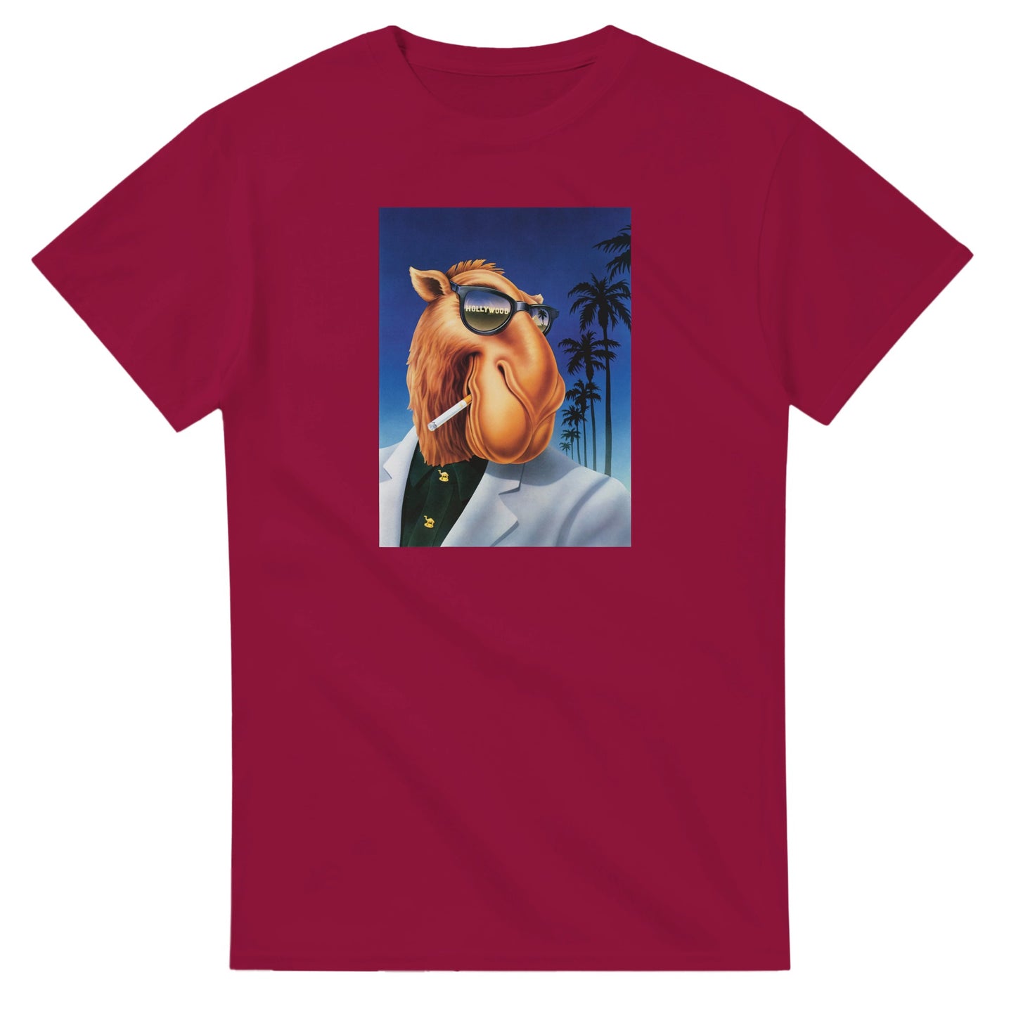 Vintage-style Joe Camel 'Hollywood Nights' T-Shirt featuring retro 90s cigarette mascot graphic. Classic throwback design on a soft cotton tee, perfect for nostalgia lovers.