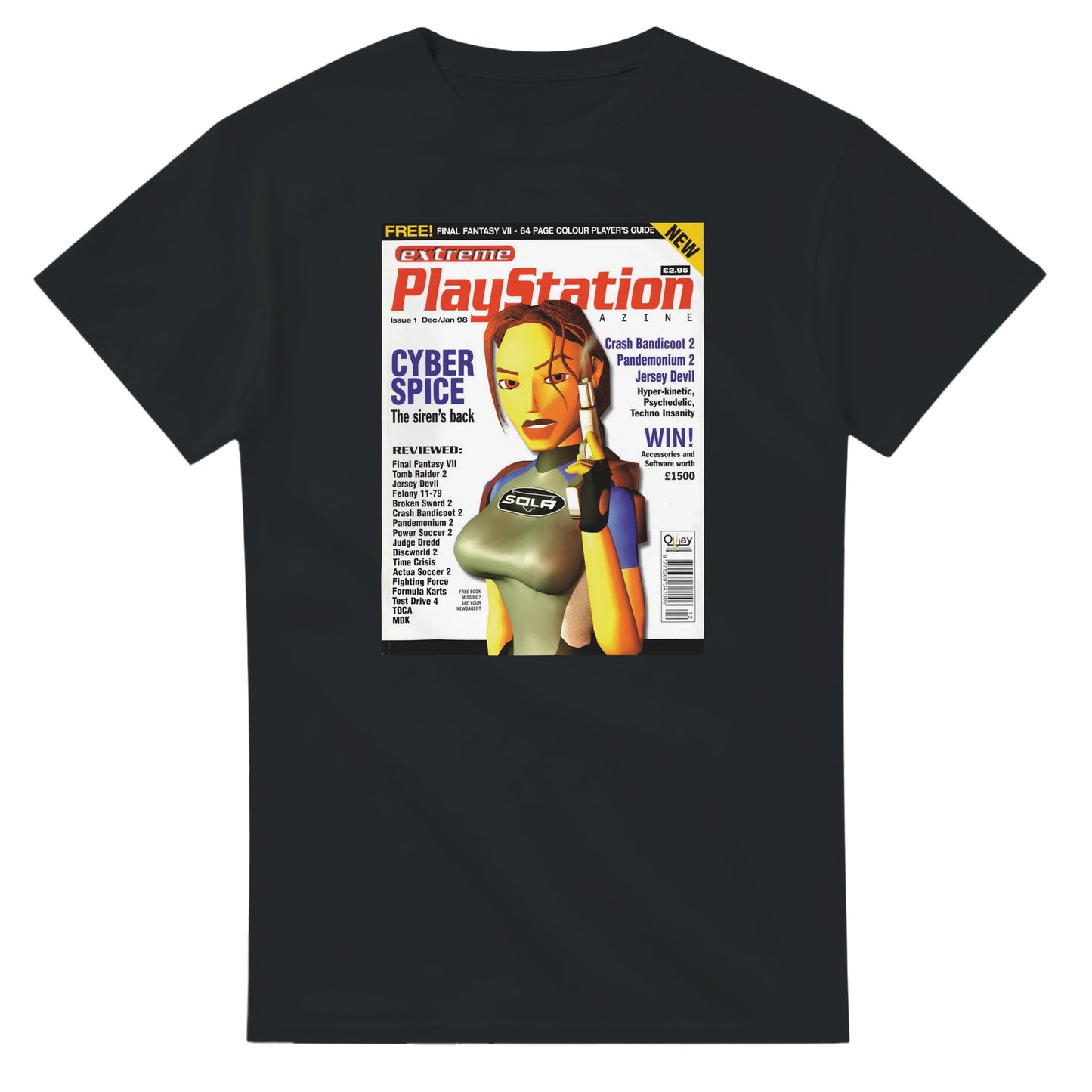 Retro Style Tomb Raider Lara Croft PS Magazine T-Shirt gaming t-shirt featuring classic arcade-inspired design. Perfect for vintage gamers and nostalgia lovers, printed on a soft, high-quality cotton tee.