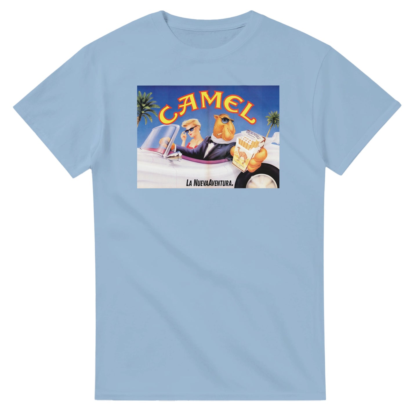 Vintage-style Joe Camel - 'La Nueva Aventura' T-shirt featuring retro 90s cigarette mascot graphic. Classic throwback design on a soft cotton tee, perfect for nostalgia lovers.