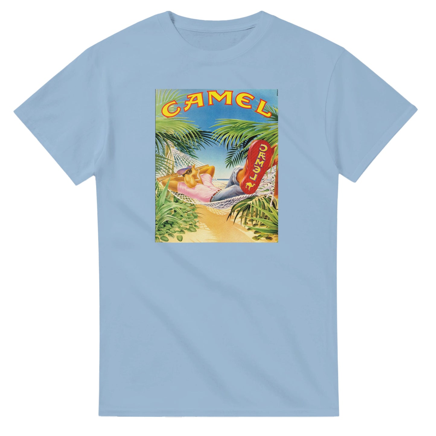 Vintage-style Joe Camel 'Relaxing in Paradise' T-Shirt featuring retro 90s cigarette mascot graphic. Classic throwback design on a soft cotton tee, perfect for nostalgia lovers.