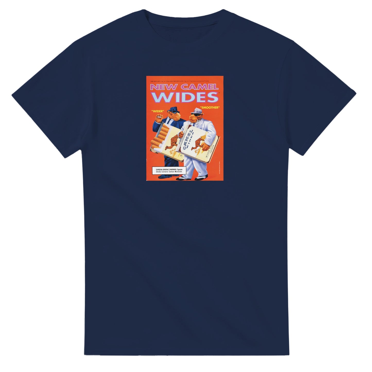 Vintage-style Joe Camel 'New Camel Wides' T-Shirt featuring retro 90s cigarette mascot graphic. Classic throwback design on a soft cotton tee, perfect for nostalgia lovers.