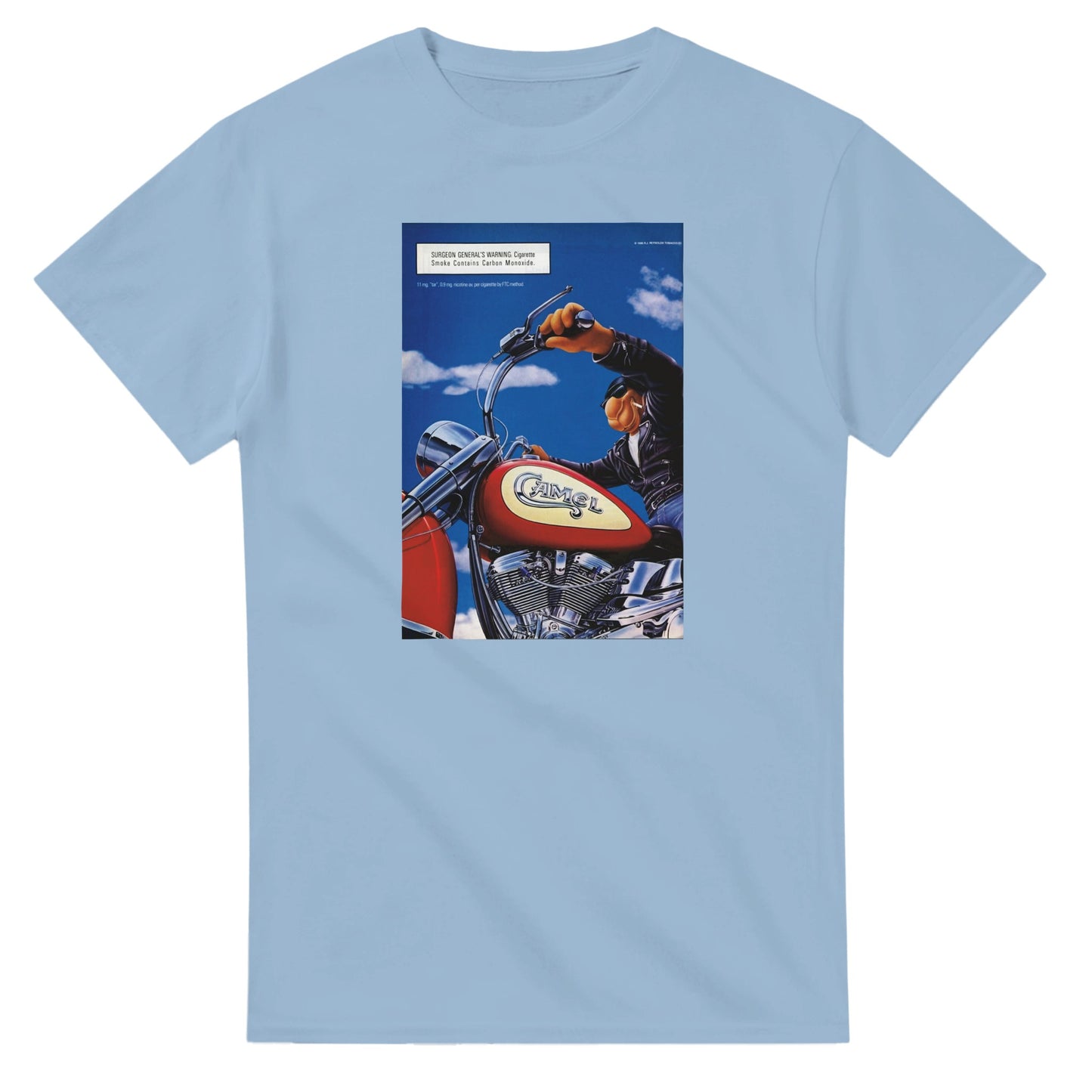 Vintage-style Joe Camel 'Motorcycle' T-Shirt featuring retro 90s cigarette mascot graphic. Classic throwback design on a soft cotton tee, perfect for nostalgia lovers.