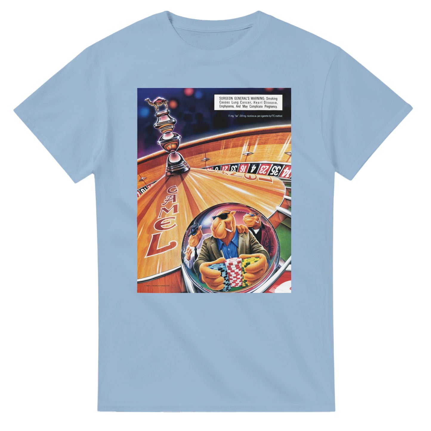 Vintage-style Joe Camel 'Casino Royale' T-Shirt featuring retro 90s cigarette mascot graphic. Classic throwback design on a soft cotton tee, perfect for nostalgia lovers.