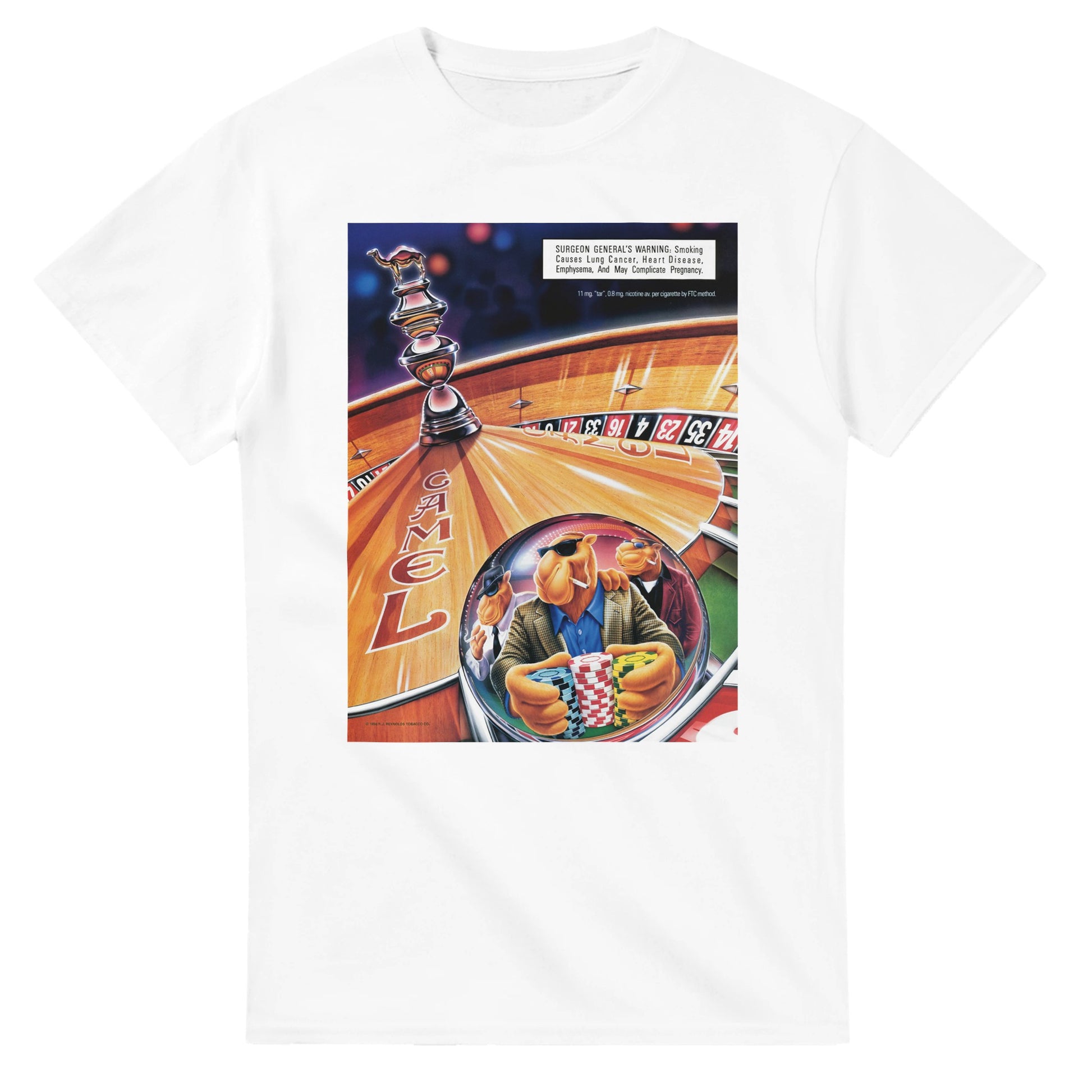 Vintage-style Joe Camel 'Casino Royale' T-Shirt featuring retro 90s cigarette mascot graphic. Classic throwback design on a soft cotton tee, perfect for nostalgia lovers.