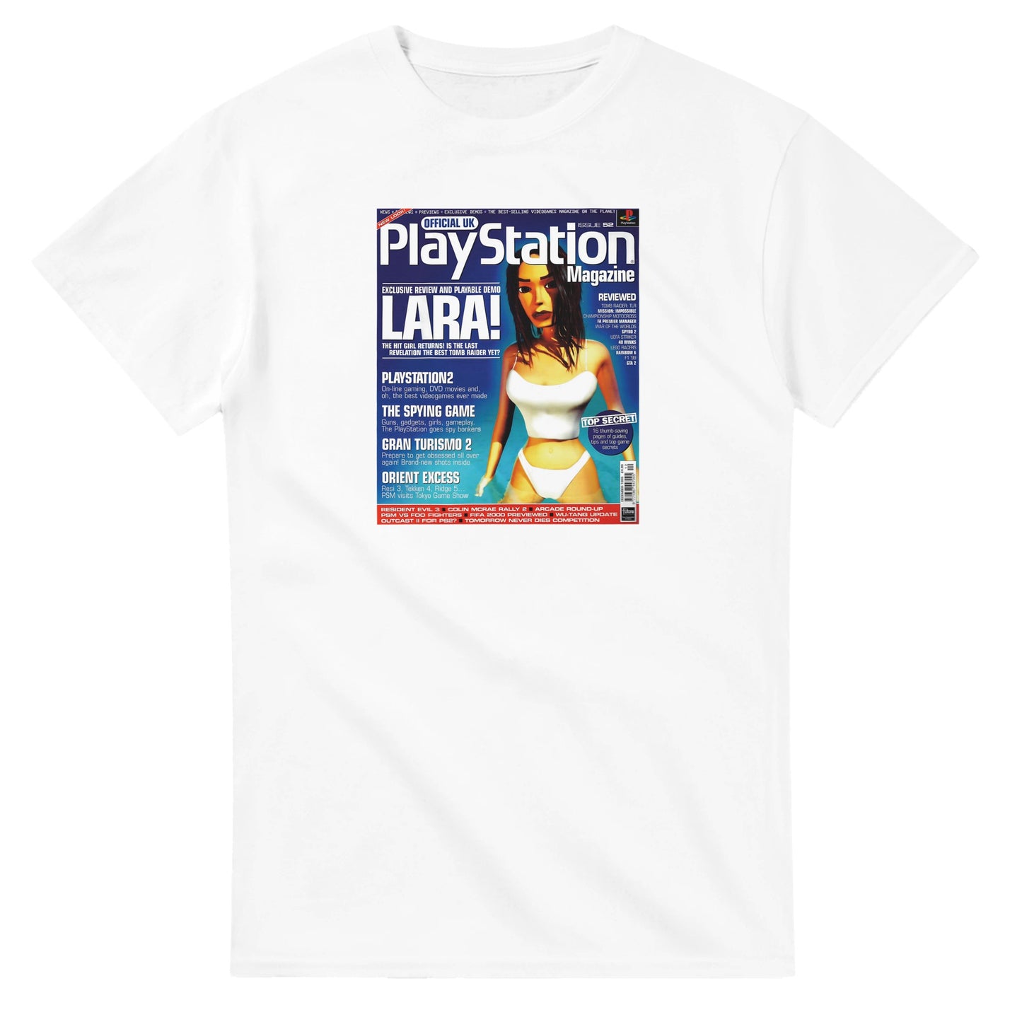 Retro Style Lara Croft Tomb Raider 'Swimsuit' PS Magazine T-Shirt gaming t-shirt featuring classic arcade-inspired design. Perfect for vintage gamers and nostalgia lovers, printed on a soft, high-quality cotton tee.