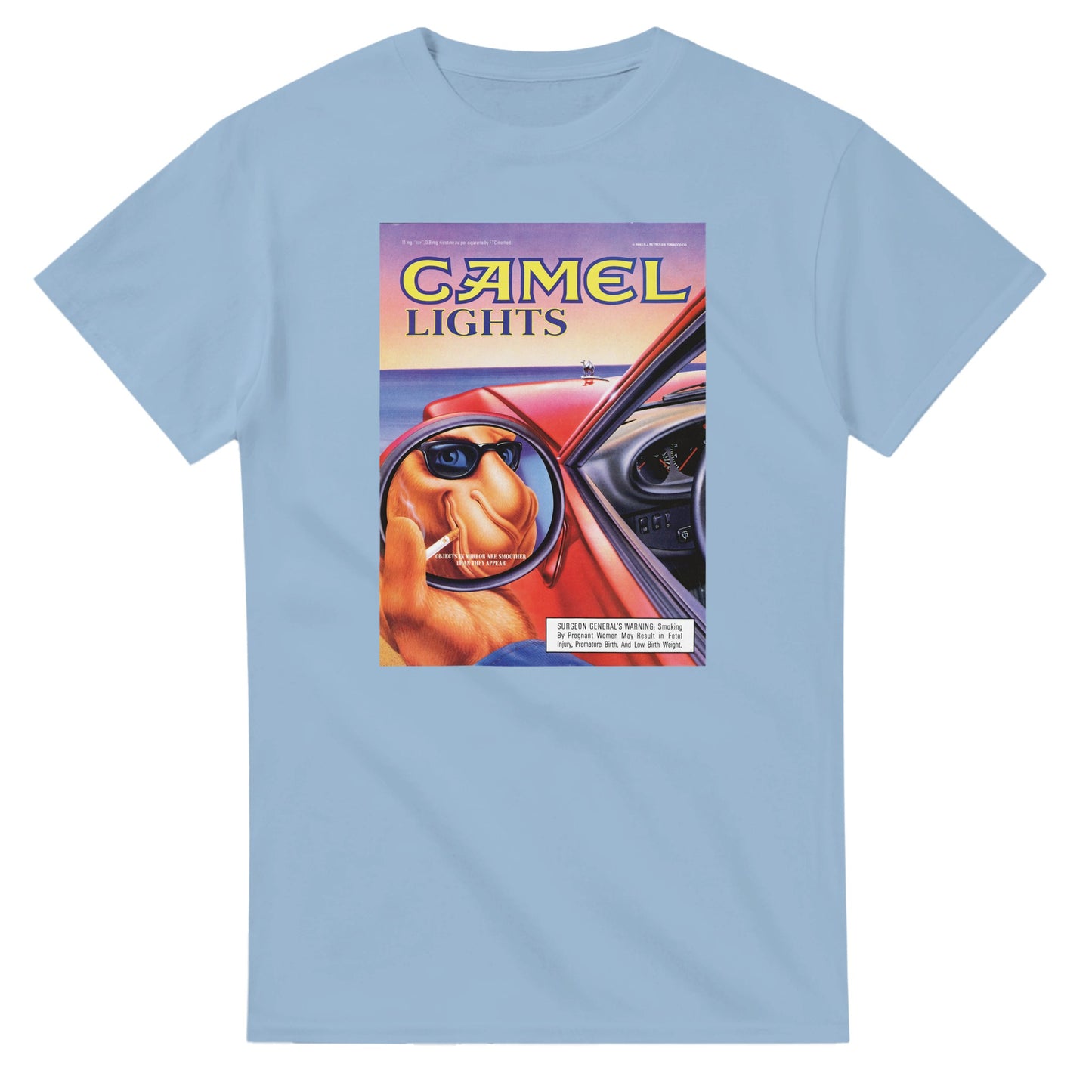 Vintage-style Joe Camel 'Objects in Mirror' T-Shirt featuring retro 90s cigarette mascot graphic. Classic throwback design on a soft cotton tee, perfect for nostalgia lovers.