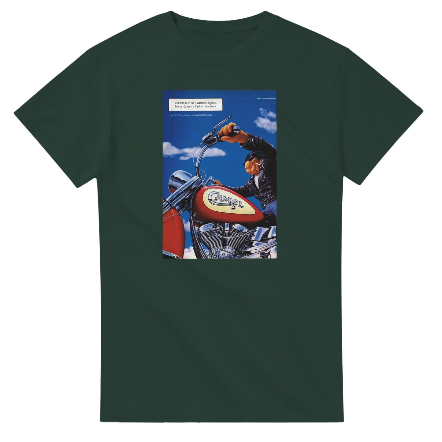 Vintage-style Joe Camel 'Motorcycle' T-Shirt featuring retro 90s cigarette mascot graphic. Classic throwback design on a soft cotton tee, perfect for nostalgia lovers.