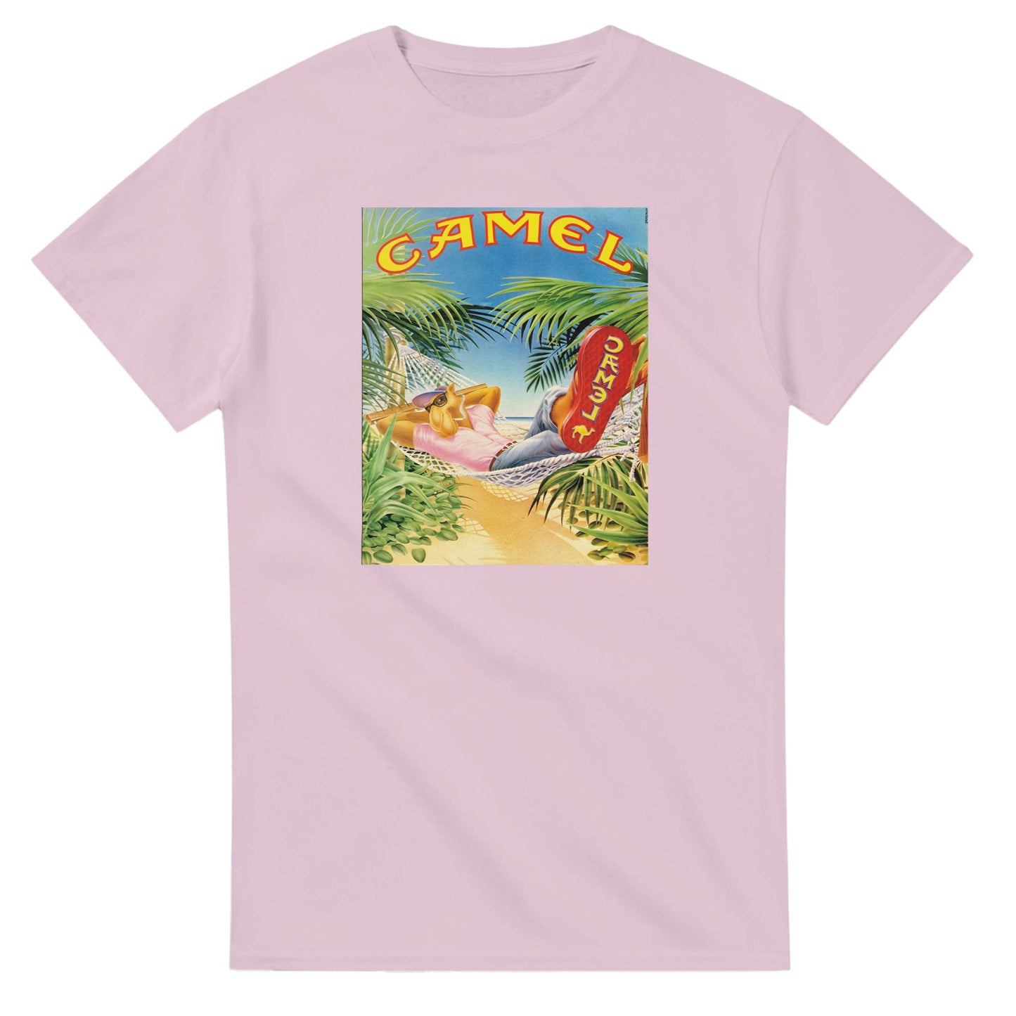 Vintage-style Joe Camel 'Relaxing in Paradise' T-Shirt featuring retro 90s cigarette mascot graphic. Classic throwback design on a soft cotton tee, perfect for nostalgia lovers.