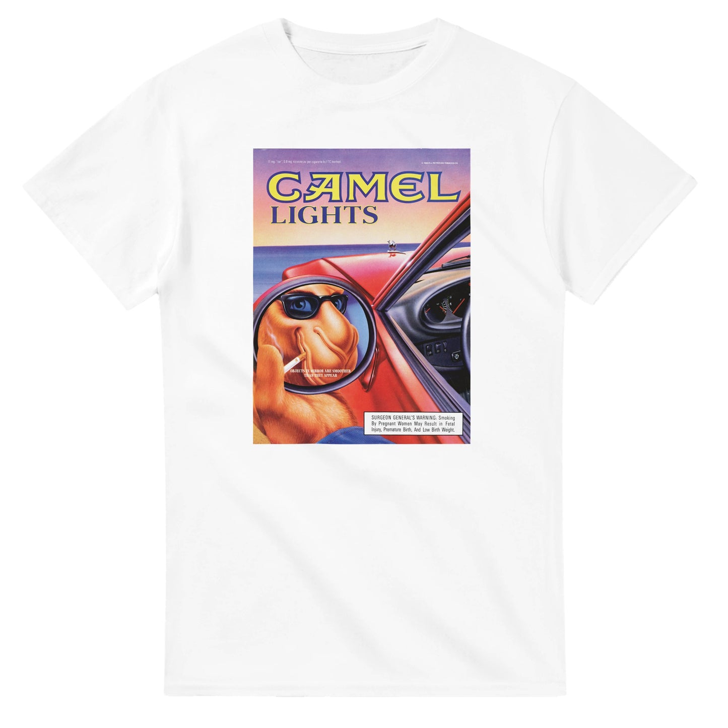 Vintage-style Joe Camel 'Objects in Mirror' T-Shirt featuring retro 90s cigarette mascot graphic. Classic throwback design on a soft cotton tee, perfect for nostalgia lovers.