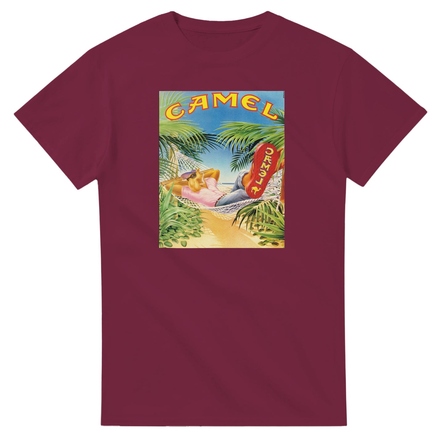 Vintage-style Joe Camel 'Relaxing in Paradise' T-Shirt featuring retro 90s cigarette mascot graphic. Classic throwback design on a soft cotton tee, perfect for nostalgia lovers.