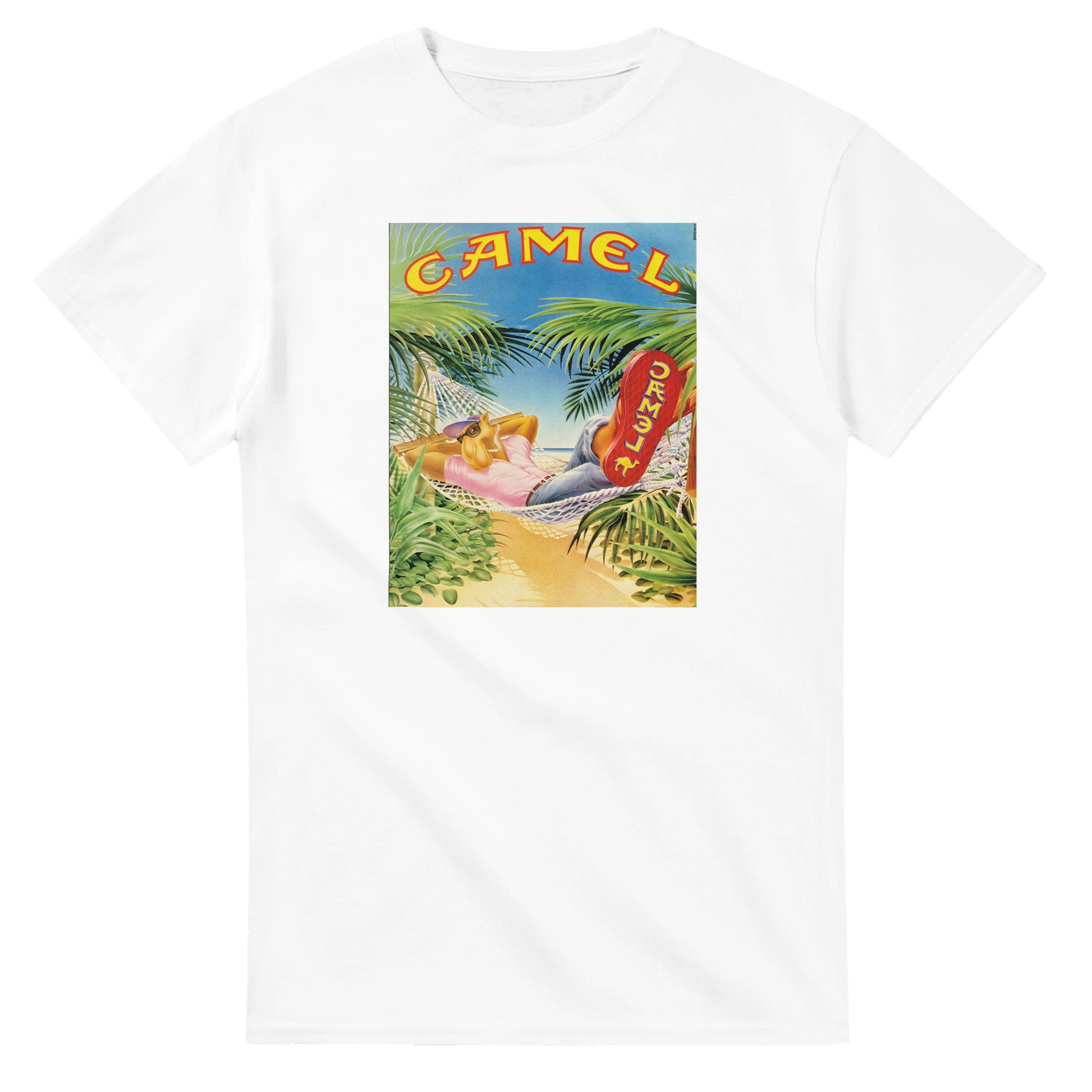 Vintage-style Joe Camel 'Relaxing in Paradise' T-Shirt featuring retro 90s cigarette mascot graphic. Classic throwback design on a soft cotton tee, perfect for nostalgia lovers.