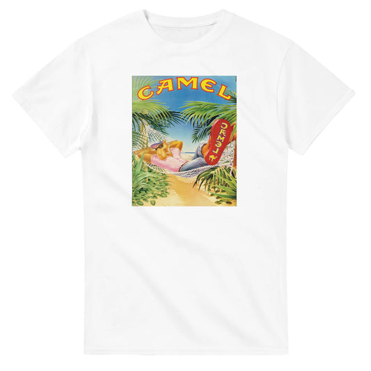 Vintage-style Joe Camel 'Relaxing in Paradise' T-Shirt featuring retro 90s cigarette mascot graphic. Classic throwback design on a soft cotton tee, perfect for nostalgia lovers.