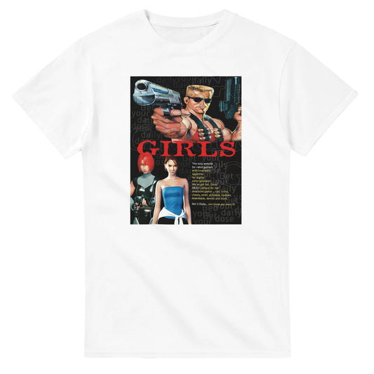 Retro Style Duke Nukem - 'Girls' Vintage Gaming Advertising T-shirt gaming t-shirt featuring classic arcade-inspired design. Perfect for vintage gamers and nostalgia lovers, printed on a soft, high-quality cotton tee.