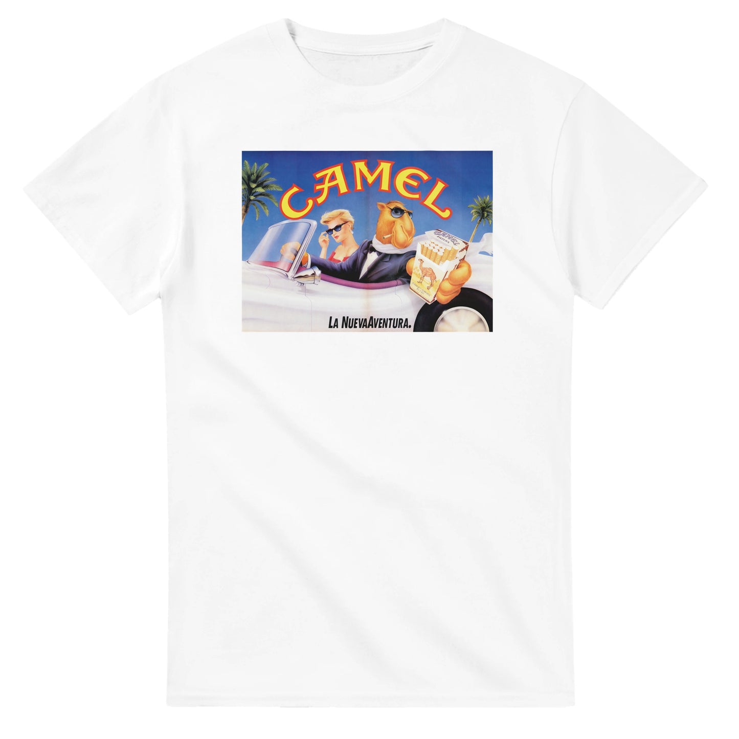 Vintage-style Joe Camel - 'La Nueva Aventura' T-shirt featuring retro 90s cigarette mascot graphic. Classic throwback design on a soft cotton tee, perfect for nostalgia lovers.