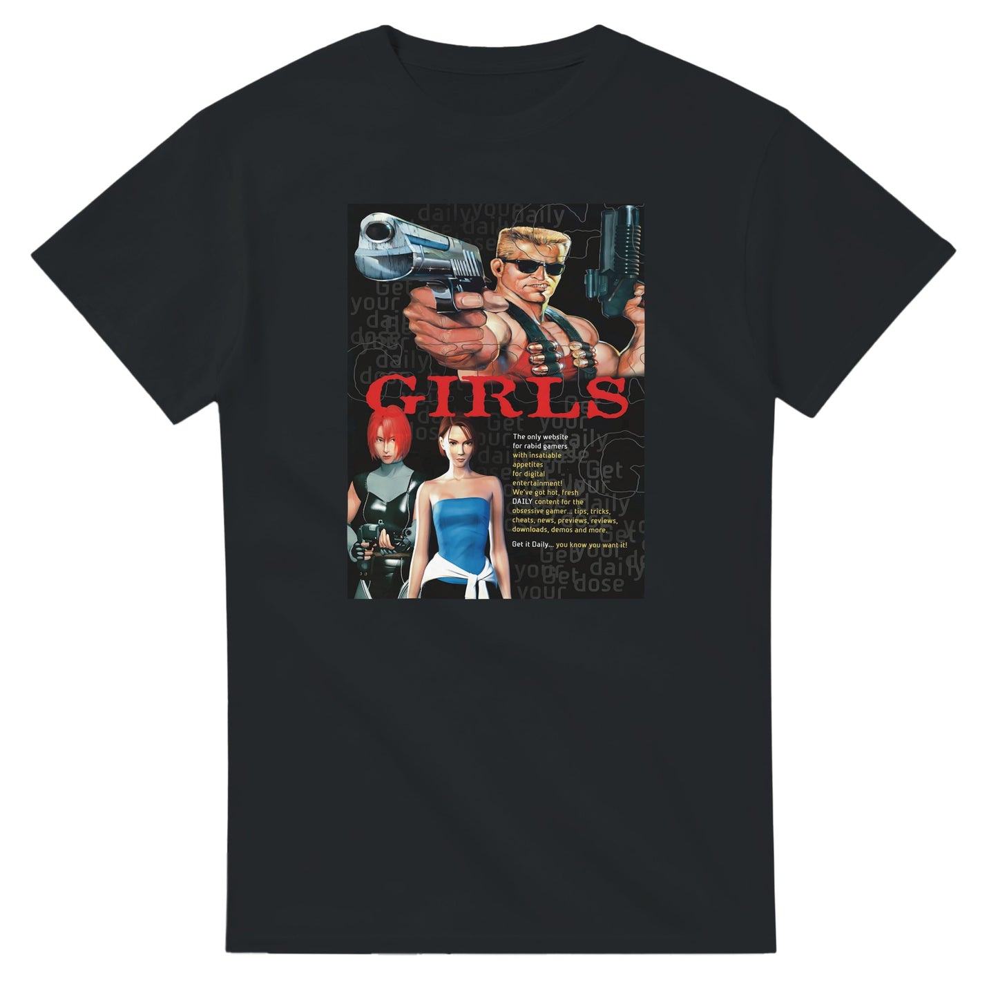 Retro Style Duke Nukem - 'Girls' Vintage Gaming Advertising T-shirt gaming t-shirt featuring classic arcade-inspired design. Perfect for vintage gamers and nostalgia lovers, printed on a soft, high-quality cotton tee.